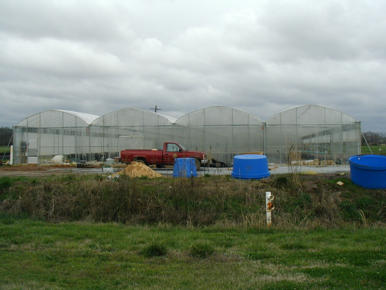 Photo of plastic circular aquaculture tanks and greehhouses used for aquaculture