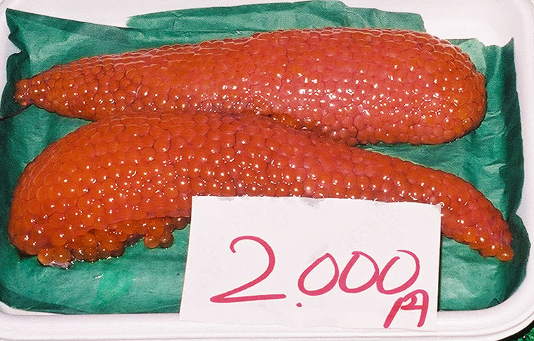 Salmon roe (eggs) marked for sale at the Shiogama seafood market in Japan