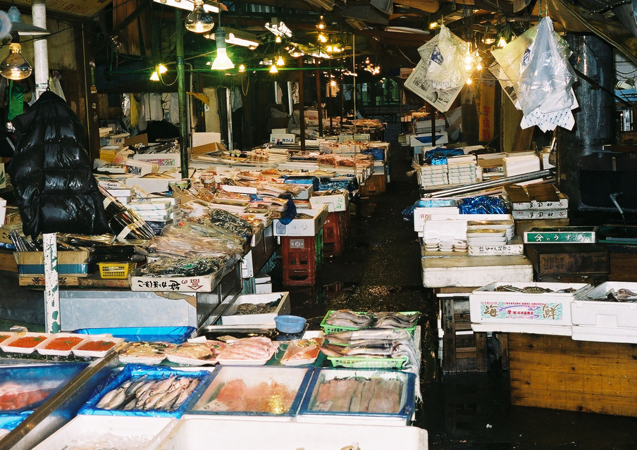 A street market in Northern Japan in the early morning getting ready for sales