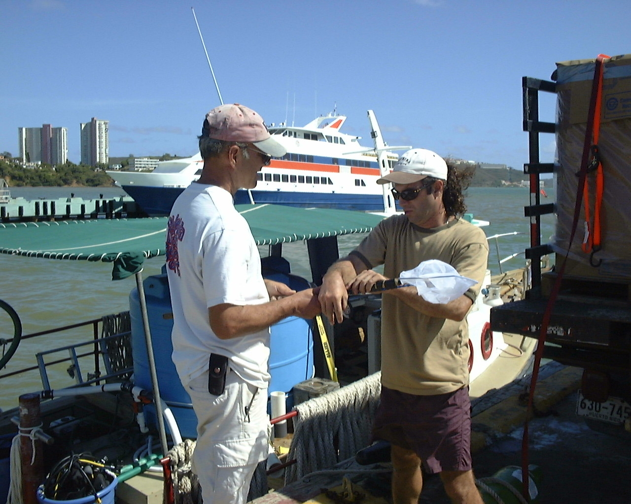 Handnets and gear being loaded in preparation for Florida cultured cobia(Rachycentron candum) stocking in offshore cages in Puerto Rico