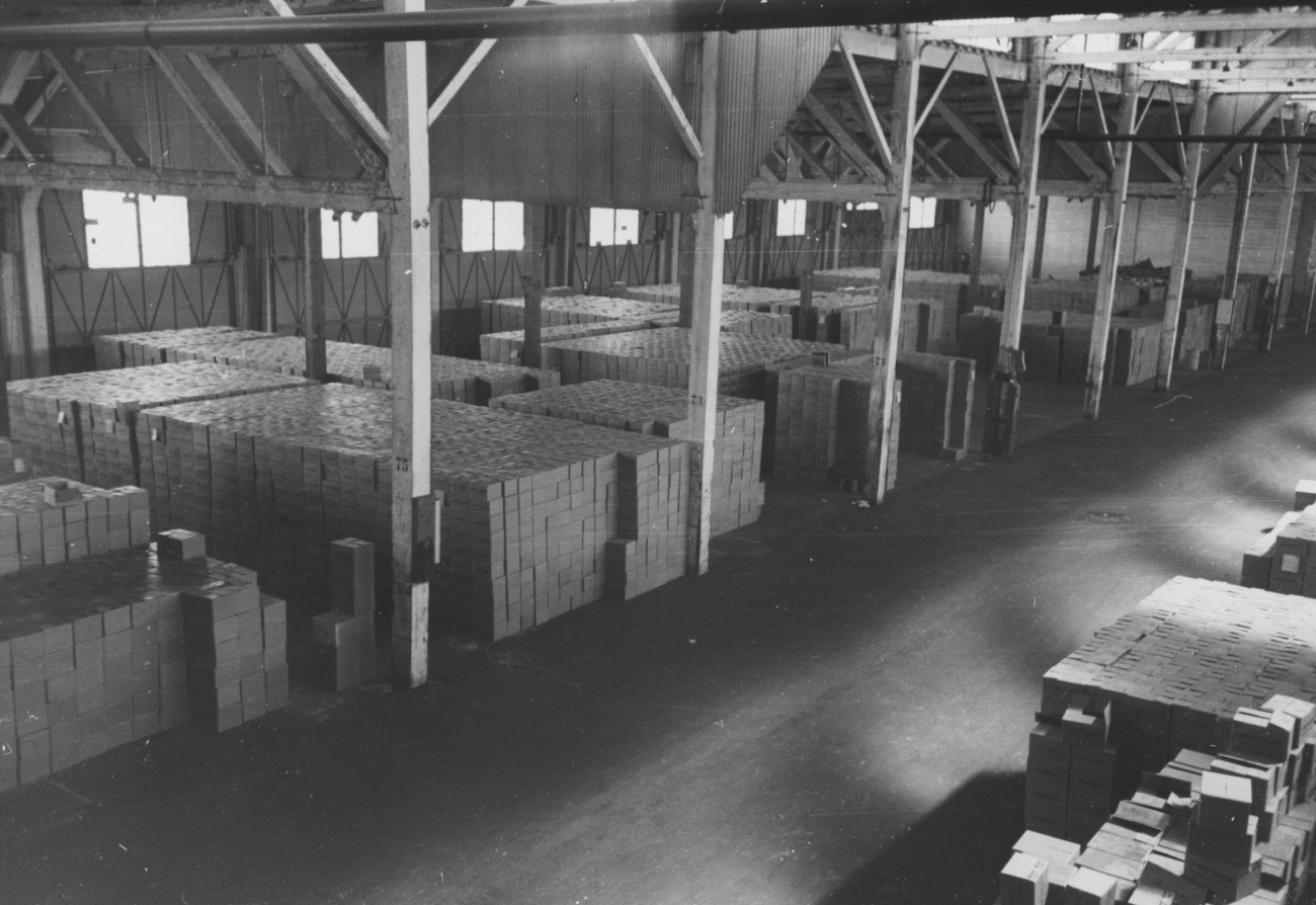 Cases of canned tuna at Columbia River Packers Association warehouse