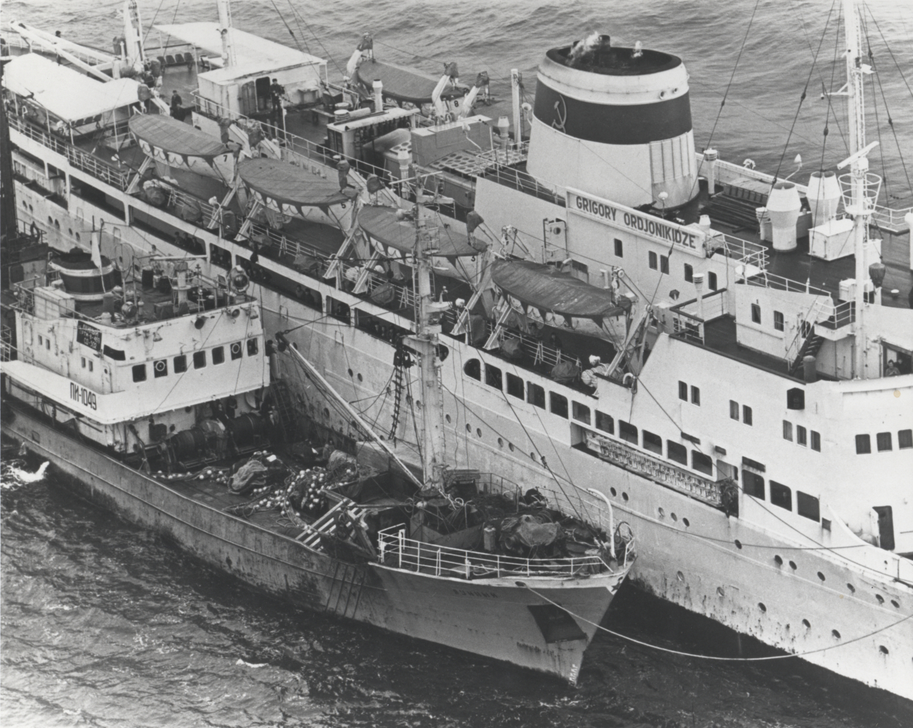 Soviet passenger vessel preparing to deliver a new crew to a trawler