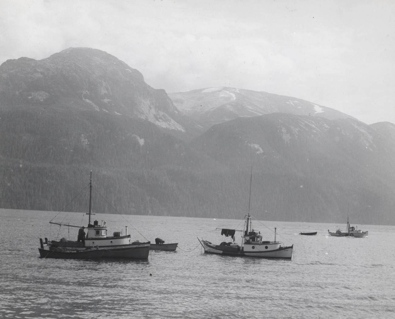 Small salmon boats anchored inshore with vessel underway offshore
