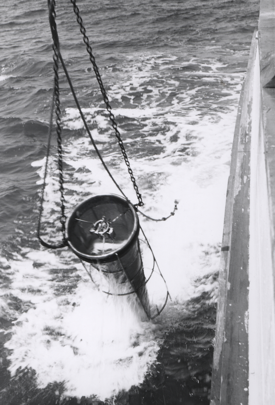 A Gulf V plankton sampler being hauled aboard after a shrimp larvaesampling tow has been completed