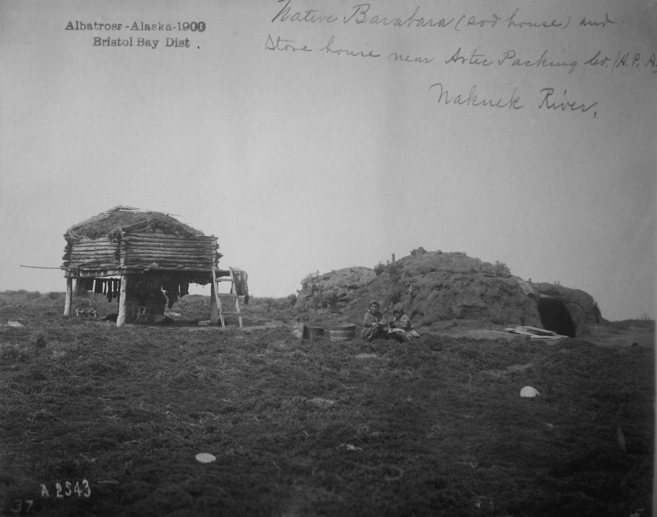 Albatross, AK, 1900, Bristol Bay district, native barabara (sod house) andstone house near Artic Packing Co