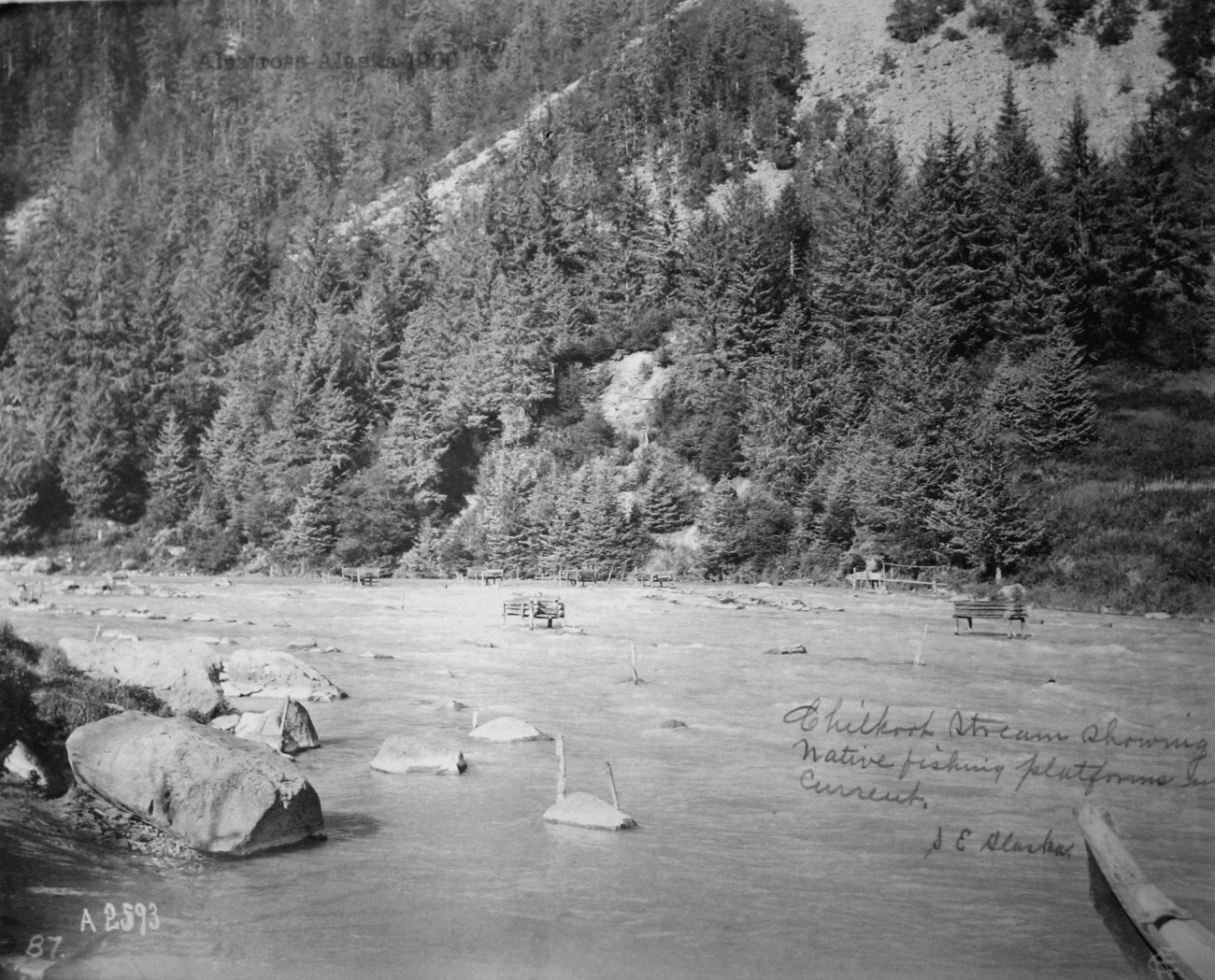 Chilkoot stream showing native fishing platforms in current, southeast, AK