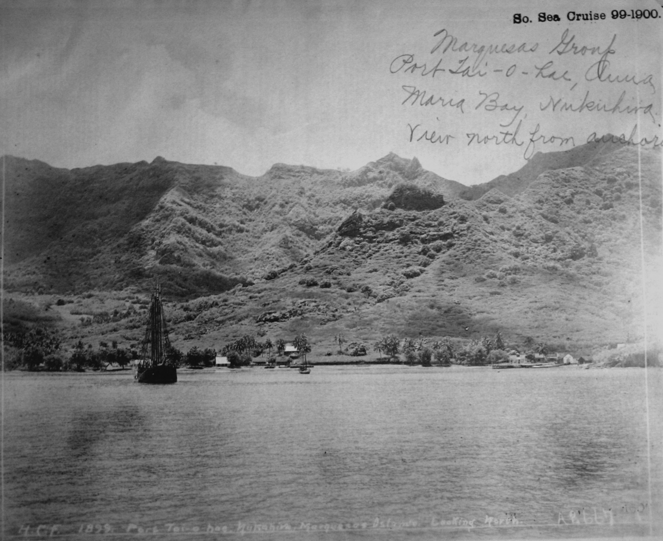 Marquesas Group, port Lai-o-Lae, Anna Maria Bay, Nukuhiva,view north from anchor, South Seas cruise, 99-1900