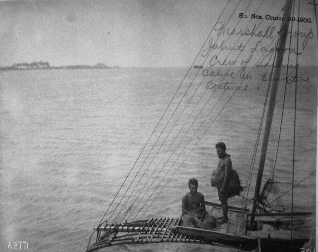 Marshall Group, Jaliut Lagoon, crew of sailing canoe in primitive costume