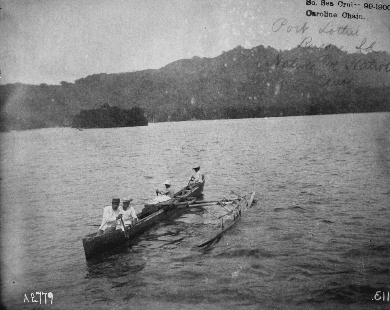 South Sea cruise 99-1900, Caroline Chain, Port Lottin, Kusaie Island,natives and native canoe