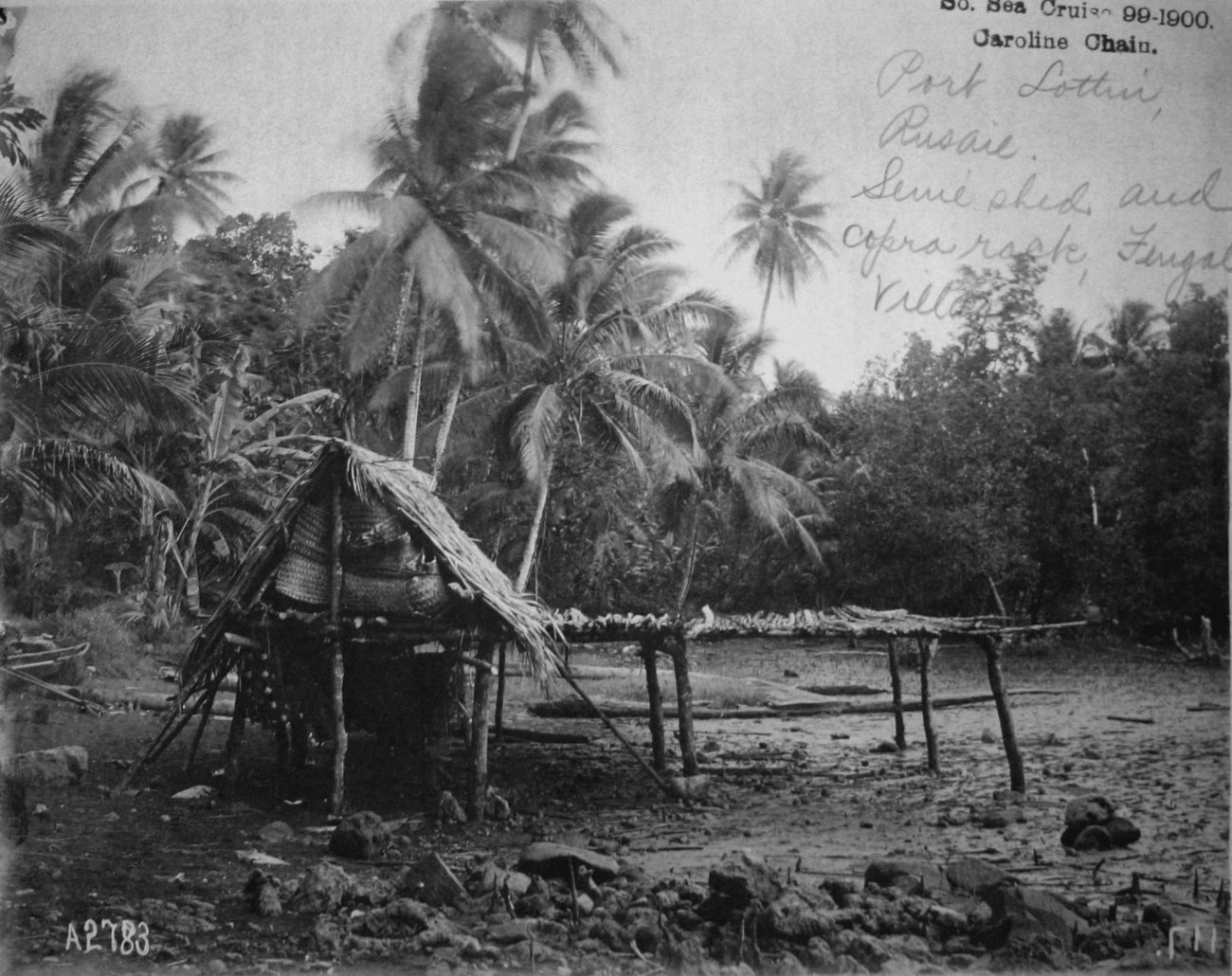 South Sea cruise 99-1900, Caroline Chain, Port Lottin, Kusaie Island,Fengal Village,seine shed and copra rack