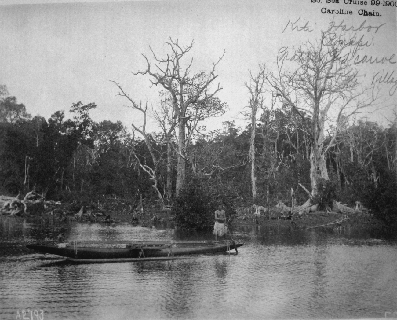 South Sea cruise 99-1900, Caroline Chain, Kite Harbor, Ponape,natives and canoe, Ron-Kite Village