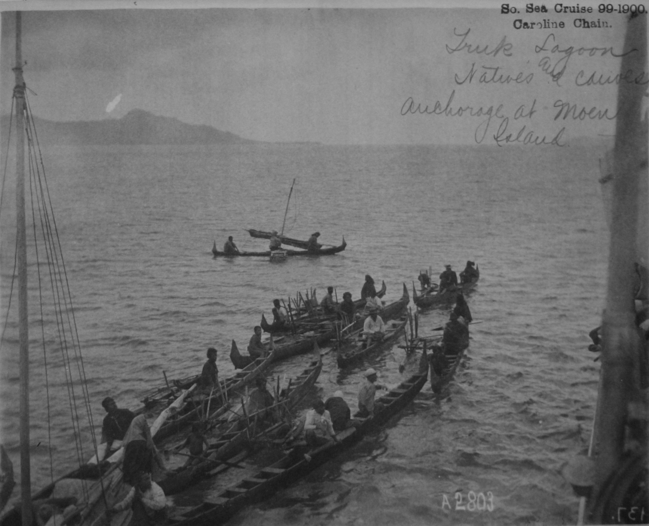 South Sea cruise 99-1900, Caroline Chain, Truk Lagoon,natives and canoe anchorage at Moen Id
