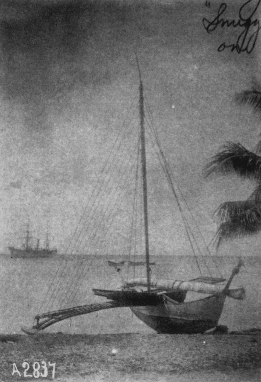 Marshall Group, Jaliut Lagoon, sailing canoe snugged down on beach