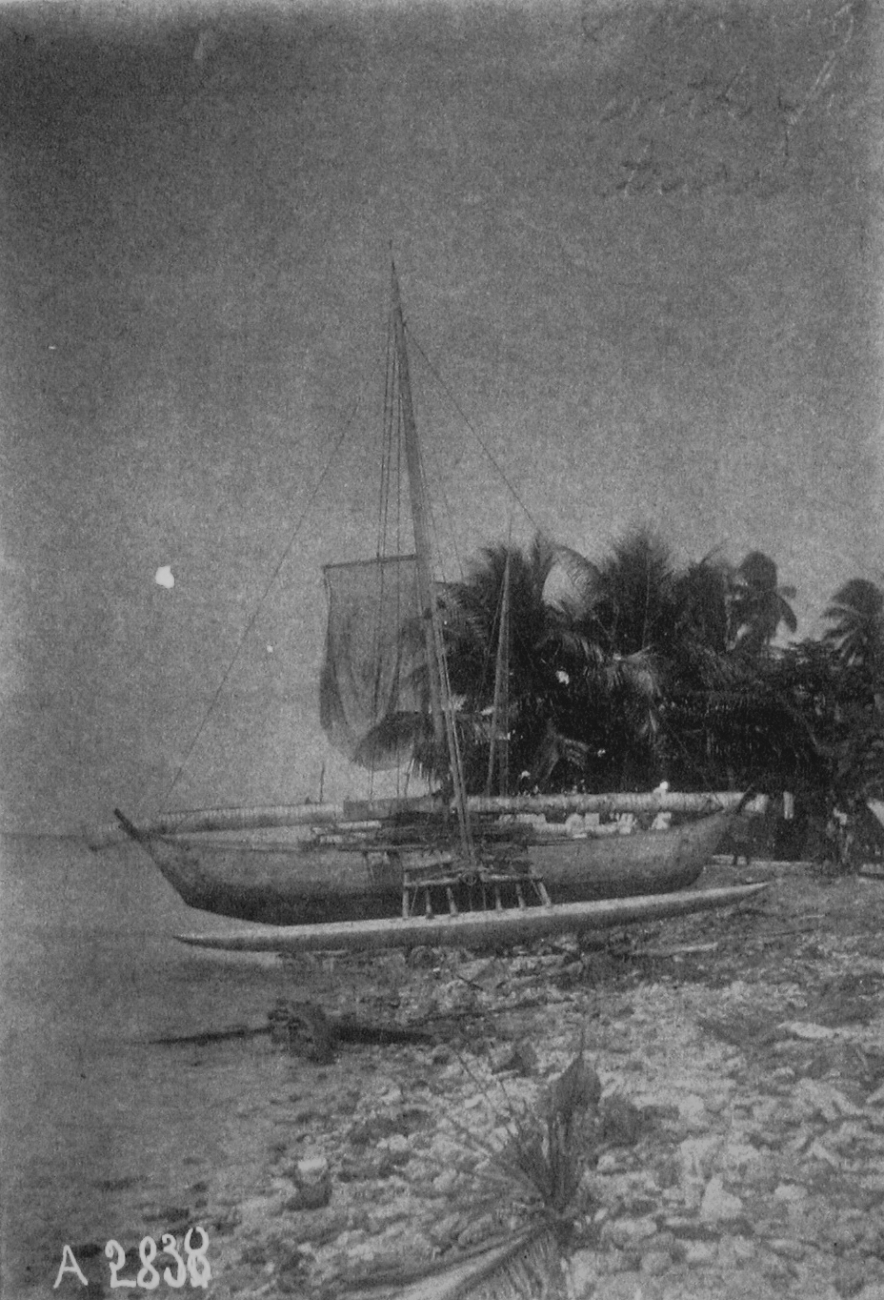 Marshall Group, Jaliut Lagoon, sailing canoe with fish net hung out to dry