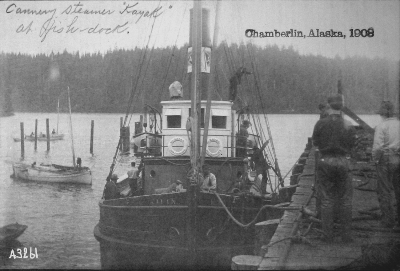Chamberlin, AK, 1903, cannery steamer Kayak at fish dock
