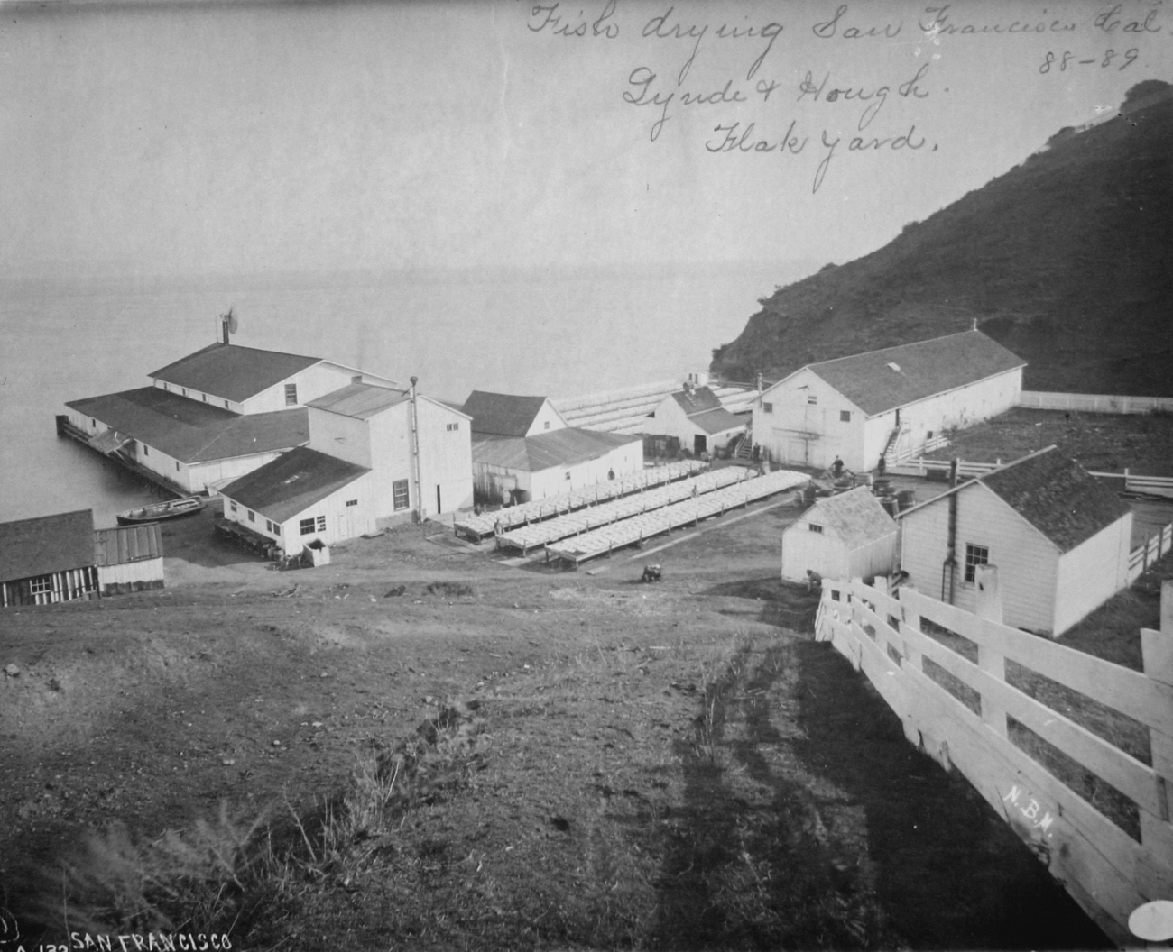 Fish drying, San Francisco, CA, Lynde & Hough, flake yard, 1888-89