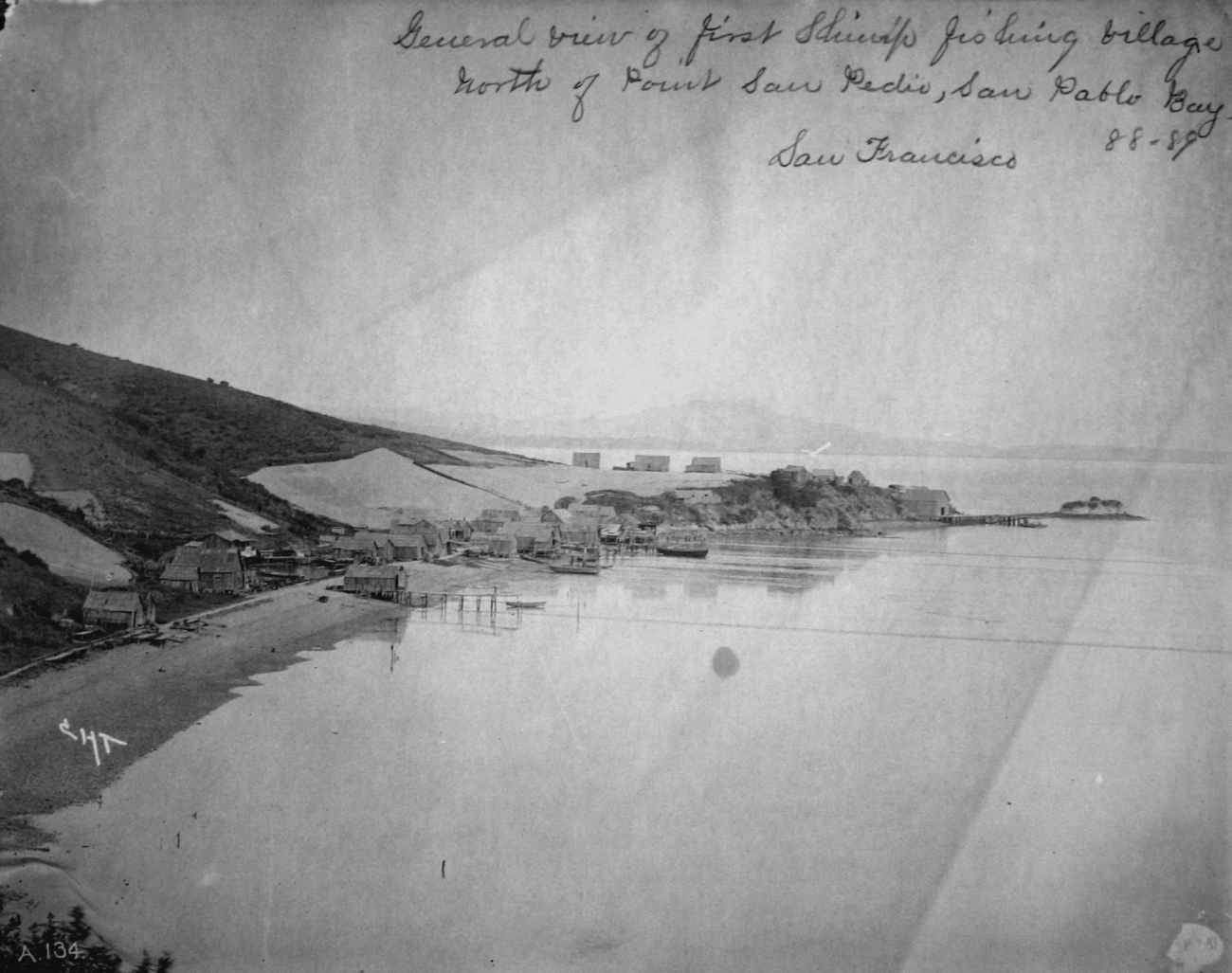 General view of first shrimp fishing village north of Point San Pedro,San Pablo Bay, San Francisco, CA, 1888-89