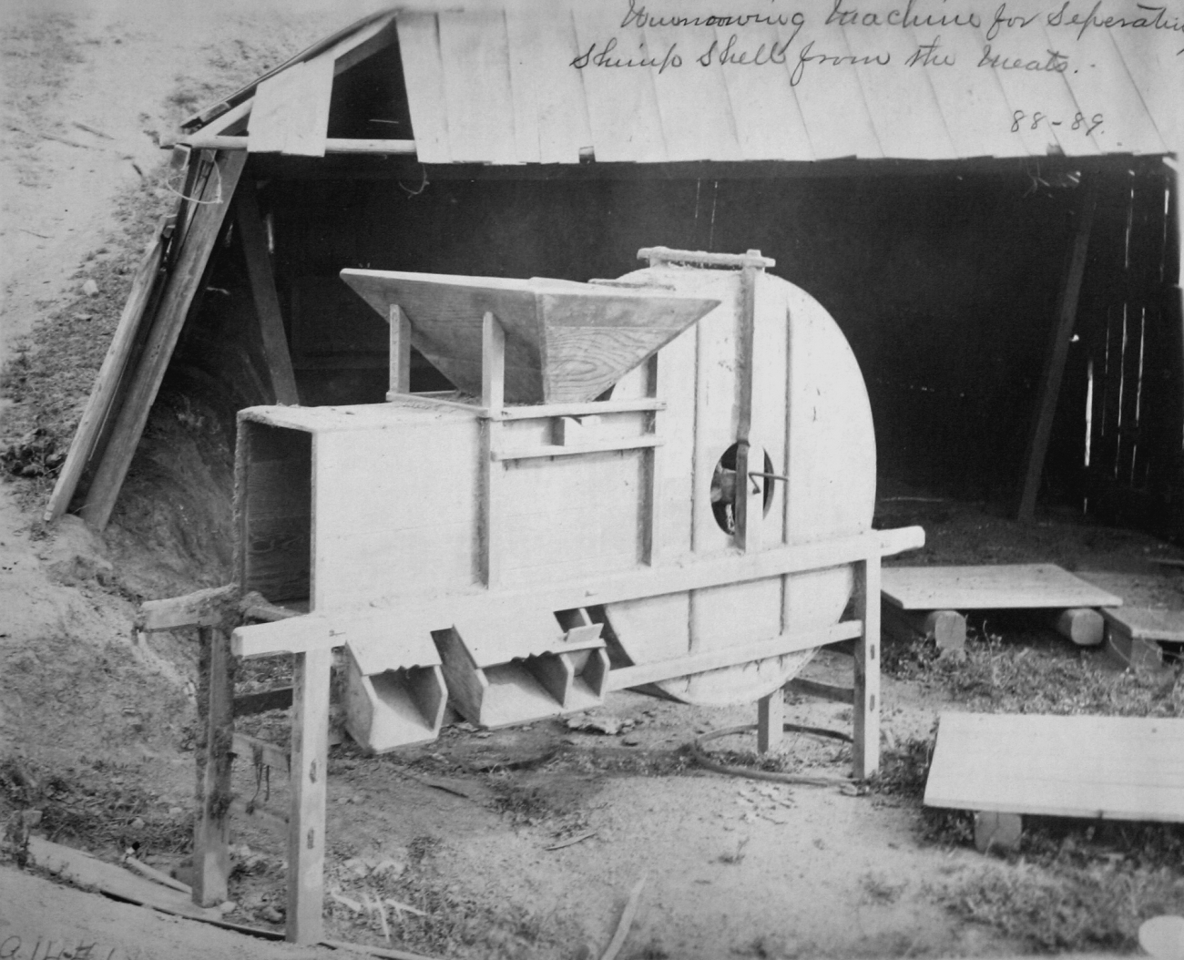 Winnowing machine for separating shrimp shells from the meats, 1888-89