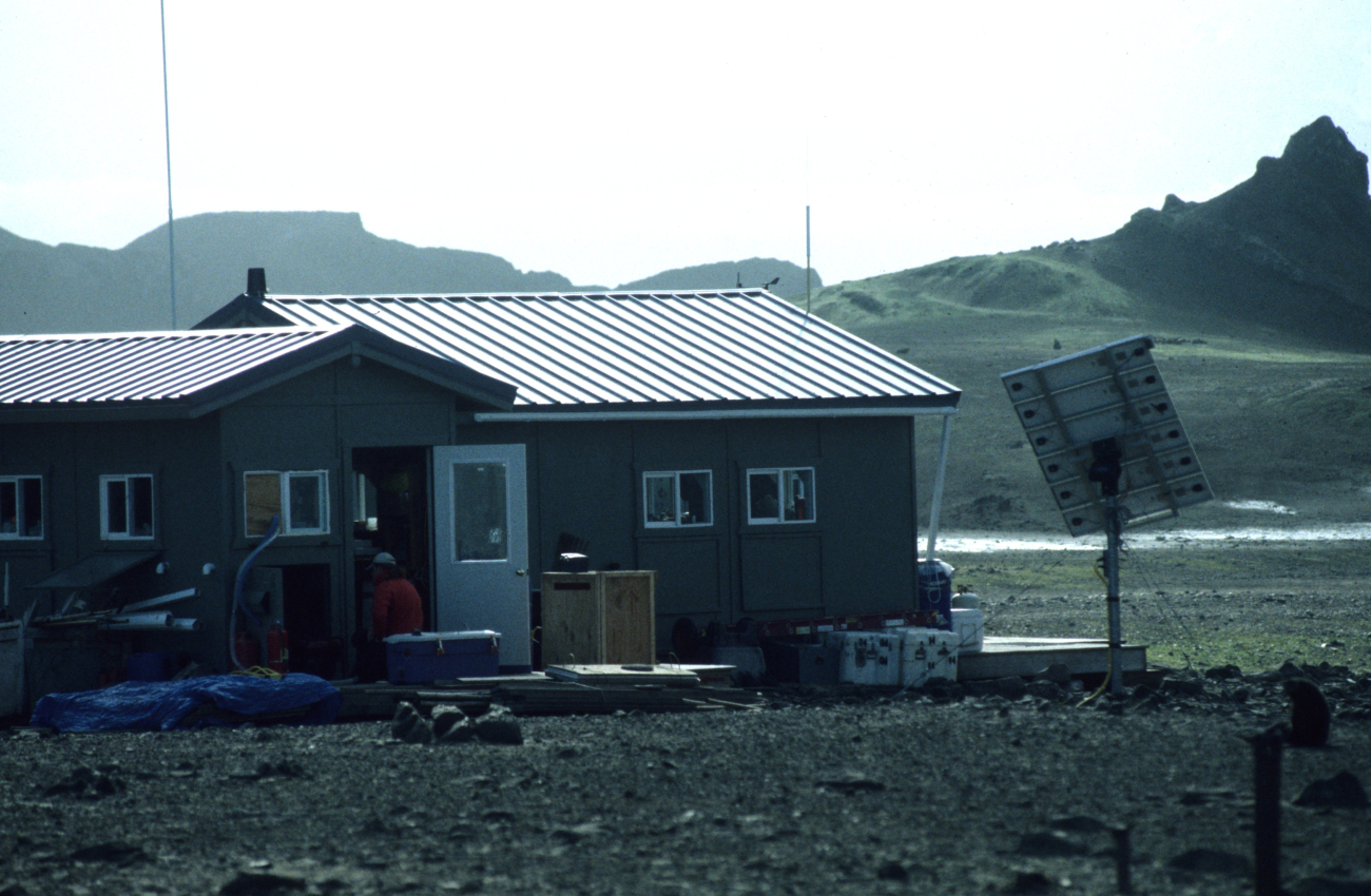 The Cape Shirreff field station, Livingston Islnad, showing the solar panel(right) that the scientists use to power their camps