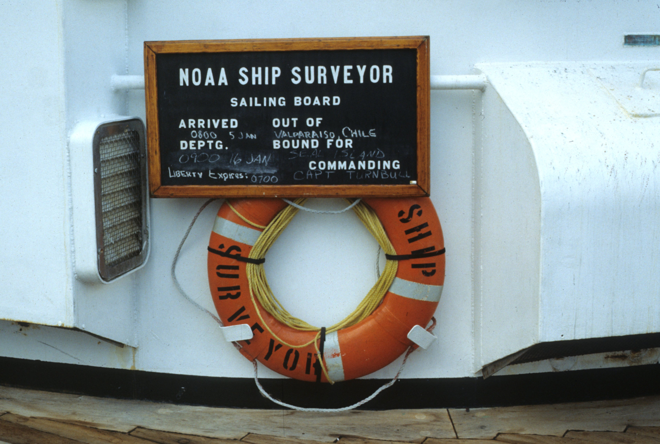 The sailing board for the NOAA ship Surveyor in 1991