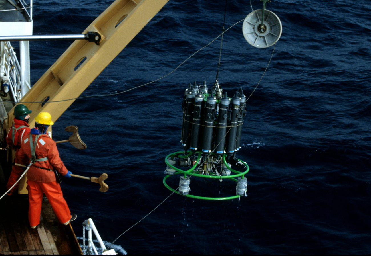 A conductivity-temperature-depth (CTD) is deployed from the fantail ofthe R/V Surveyor