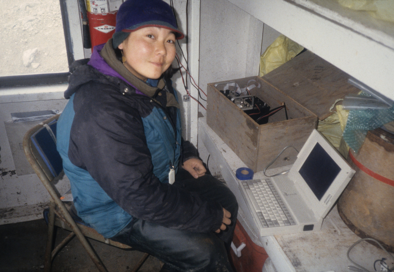 Antarctic researcher Lisa Hiruki-Raring downloads data in the observationblind at North Cove, Seal Island