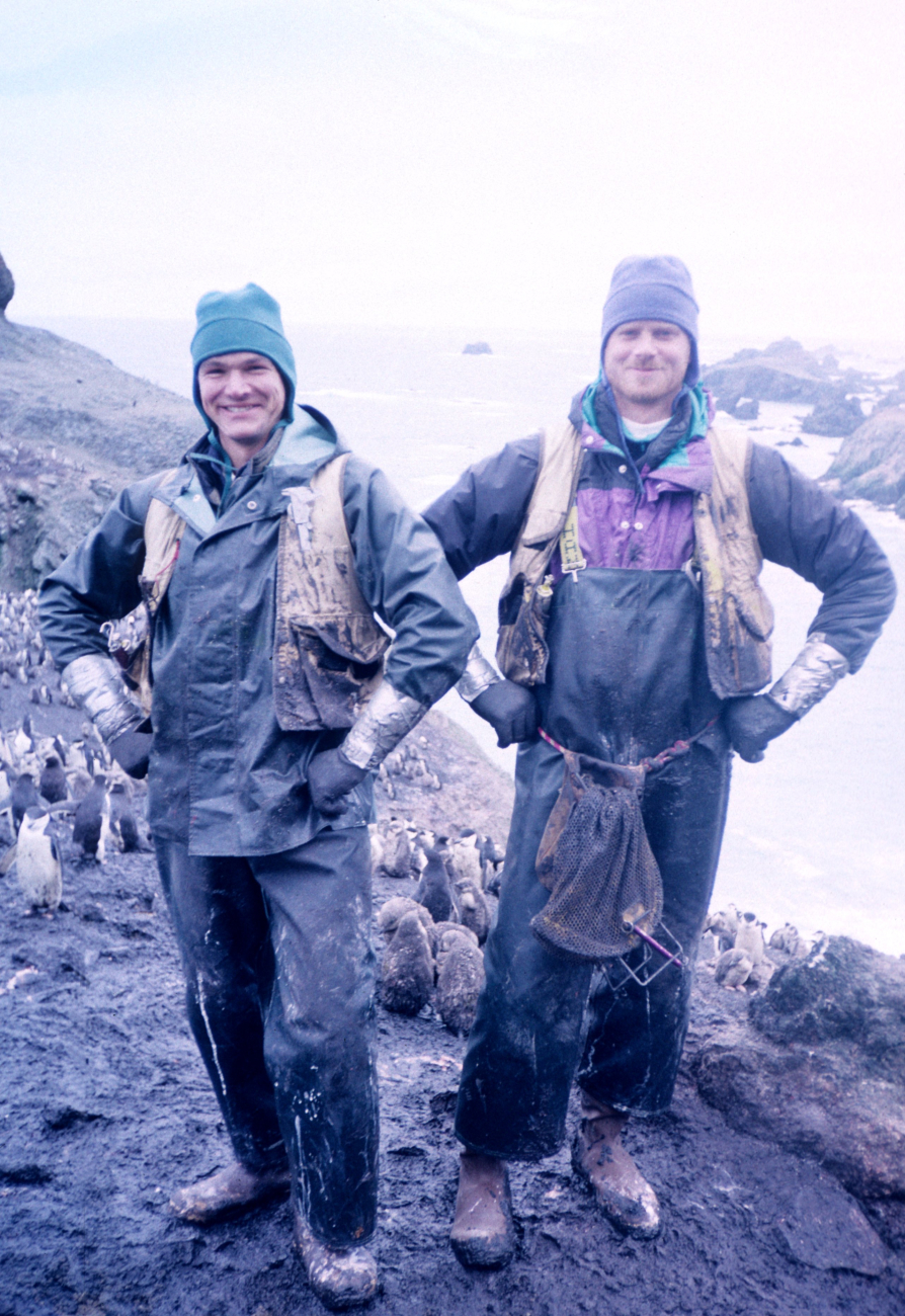 Penguin biologists William Meyer and John Jansen prepare to weighpenguin chicks