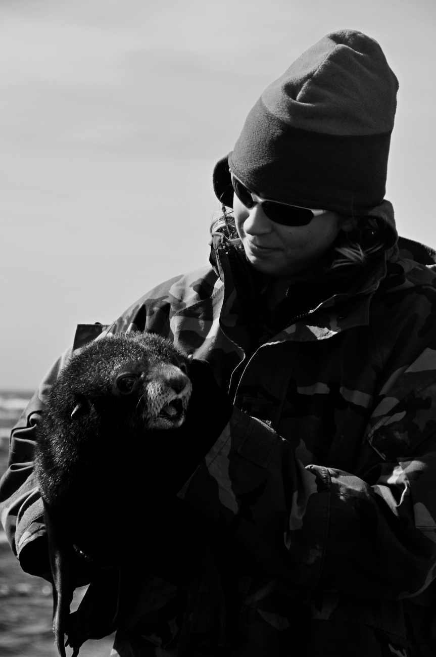 AMLR scientist McKenzie Mudge with a fur seal pup
