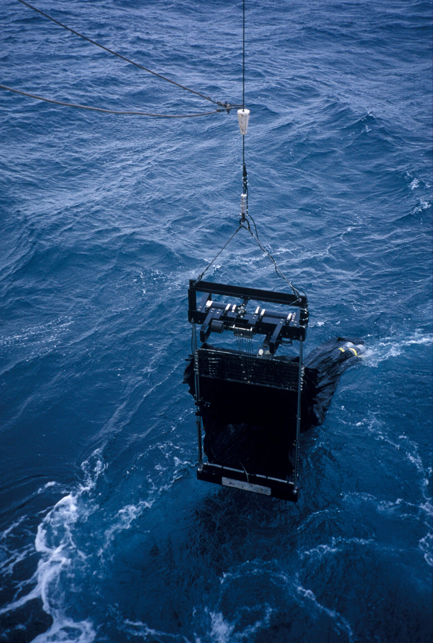 Zooplankton sampling net deployed off the stern of the R/V Yuzhmorgeologiya