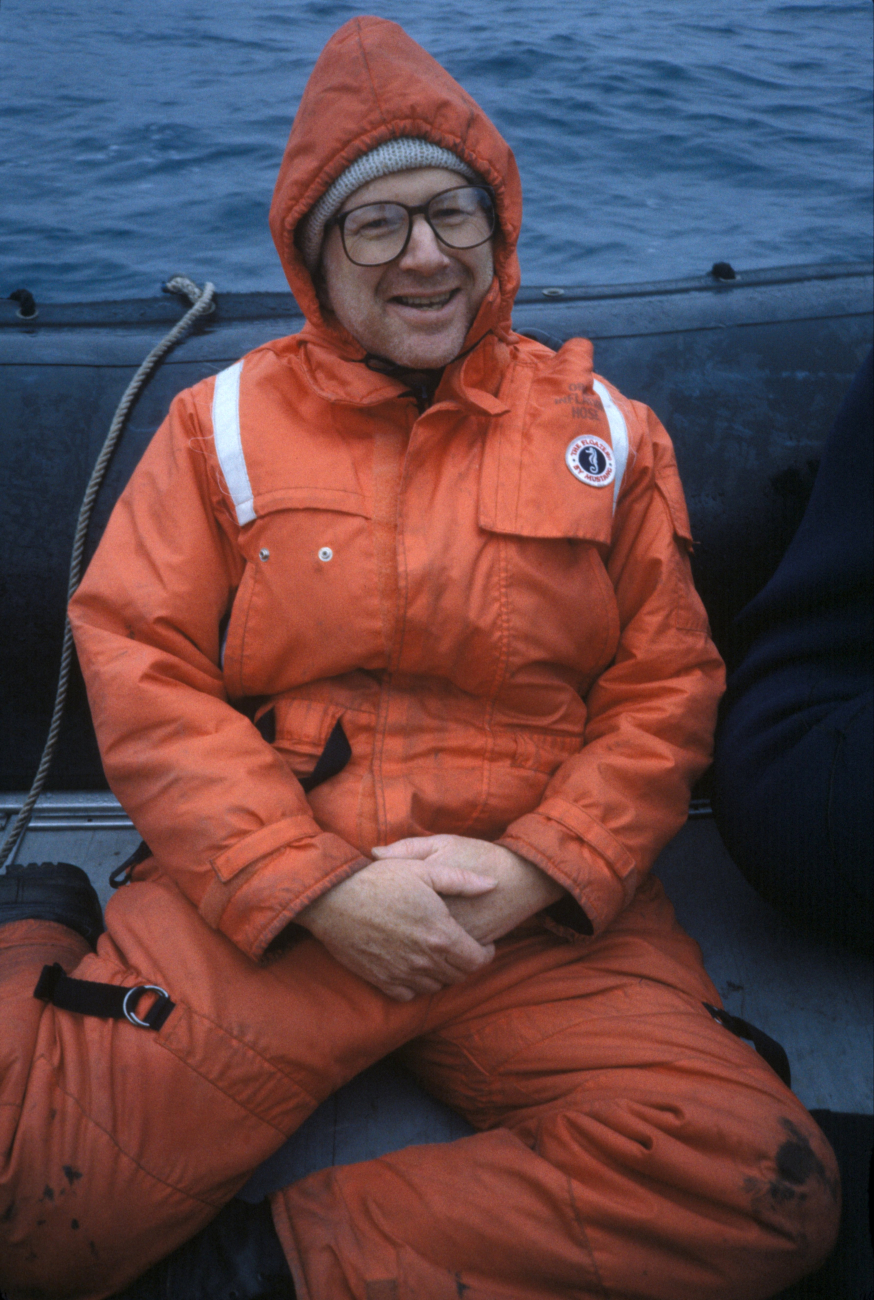 An AMLR scientist in a Zodiac, South Shetland Islands