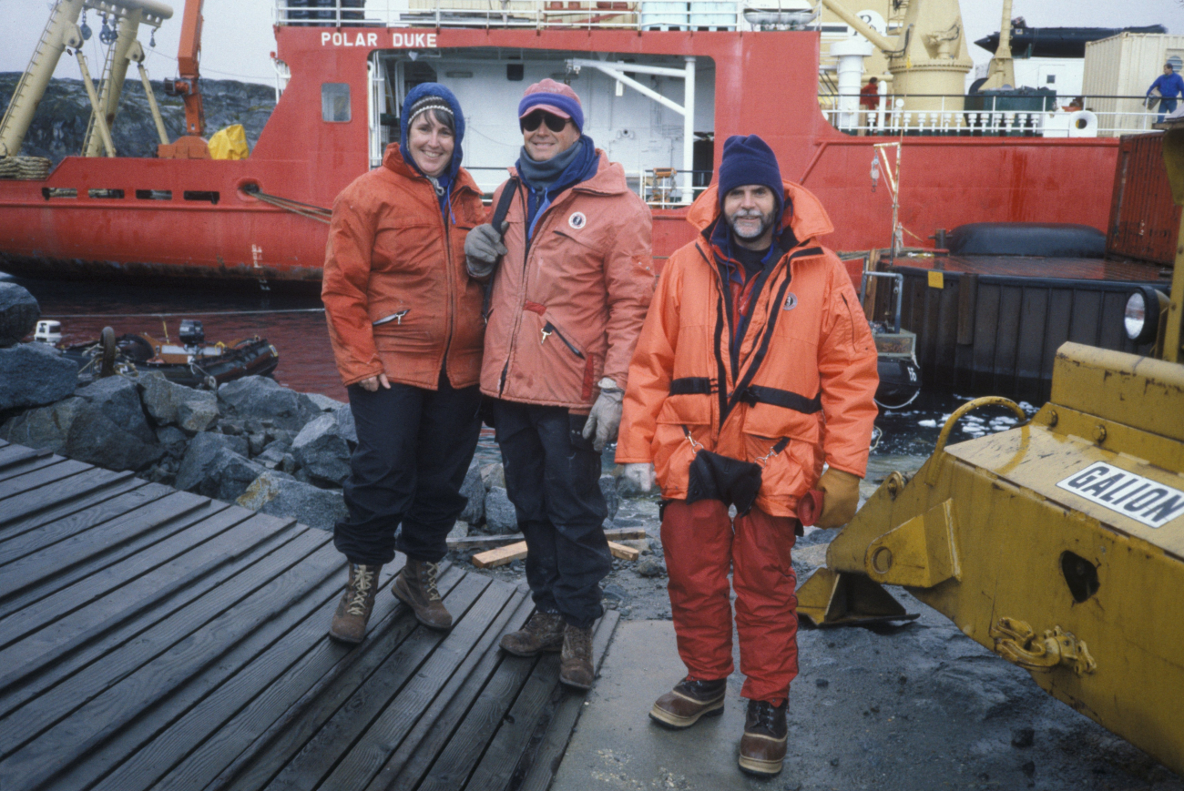 Polly Penhale (NSF), Rennie Holt and AMLR scientists at Palmer Station withR/V Polar Duke in background