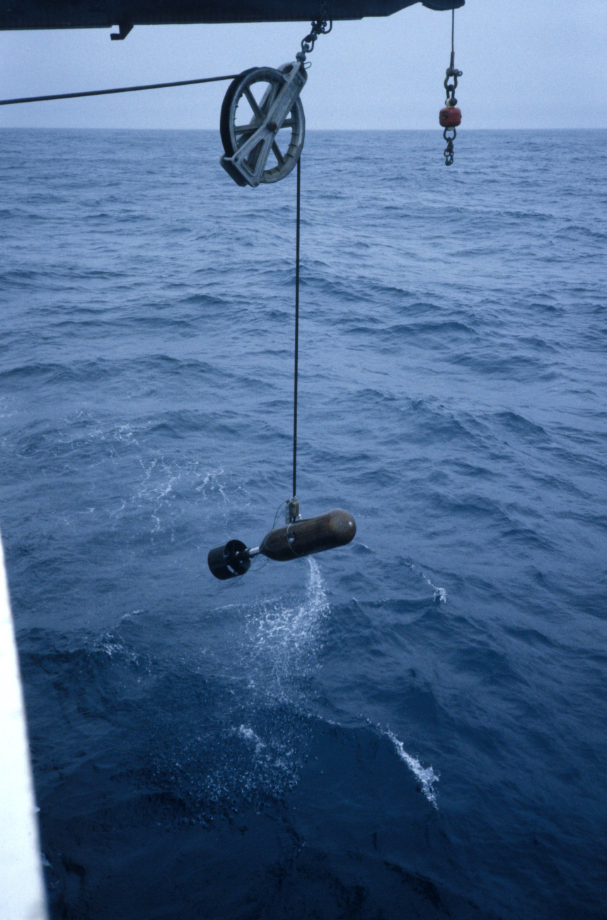 Our first towed acoustic body (AKA the bomb) being deployed off theNOAA Ship Surveyor