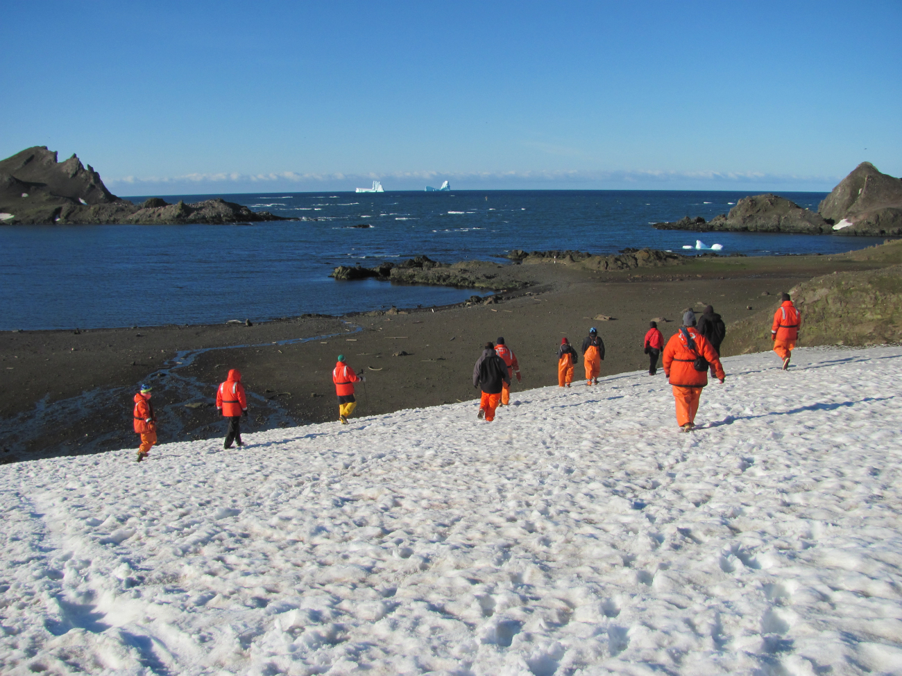 A group of scientists tours Livingston Island