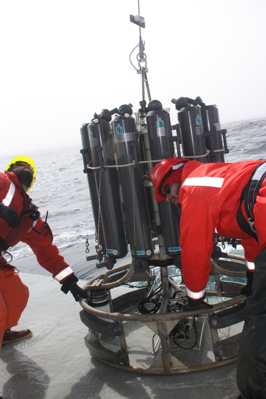 A CTD rosette is deployed to collect water samples