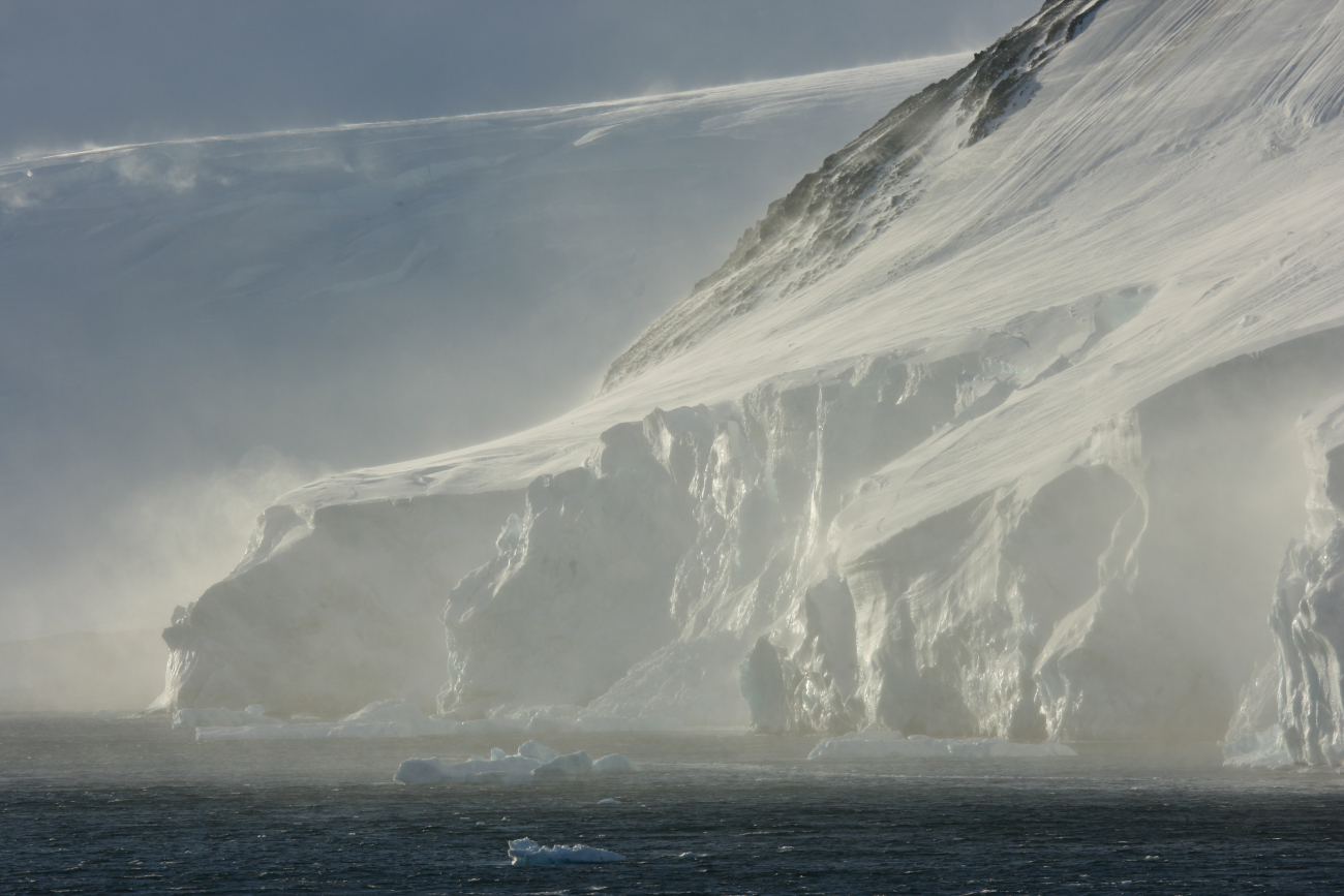 Wind swept glaciers on a stormy day on the Antarctic Peninsula