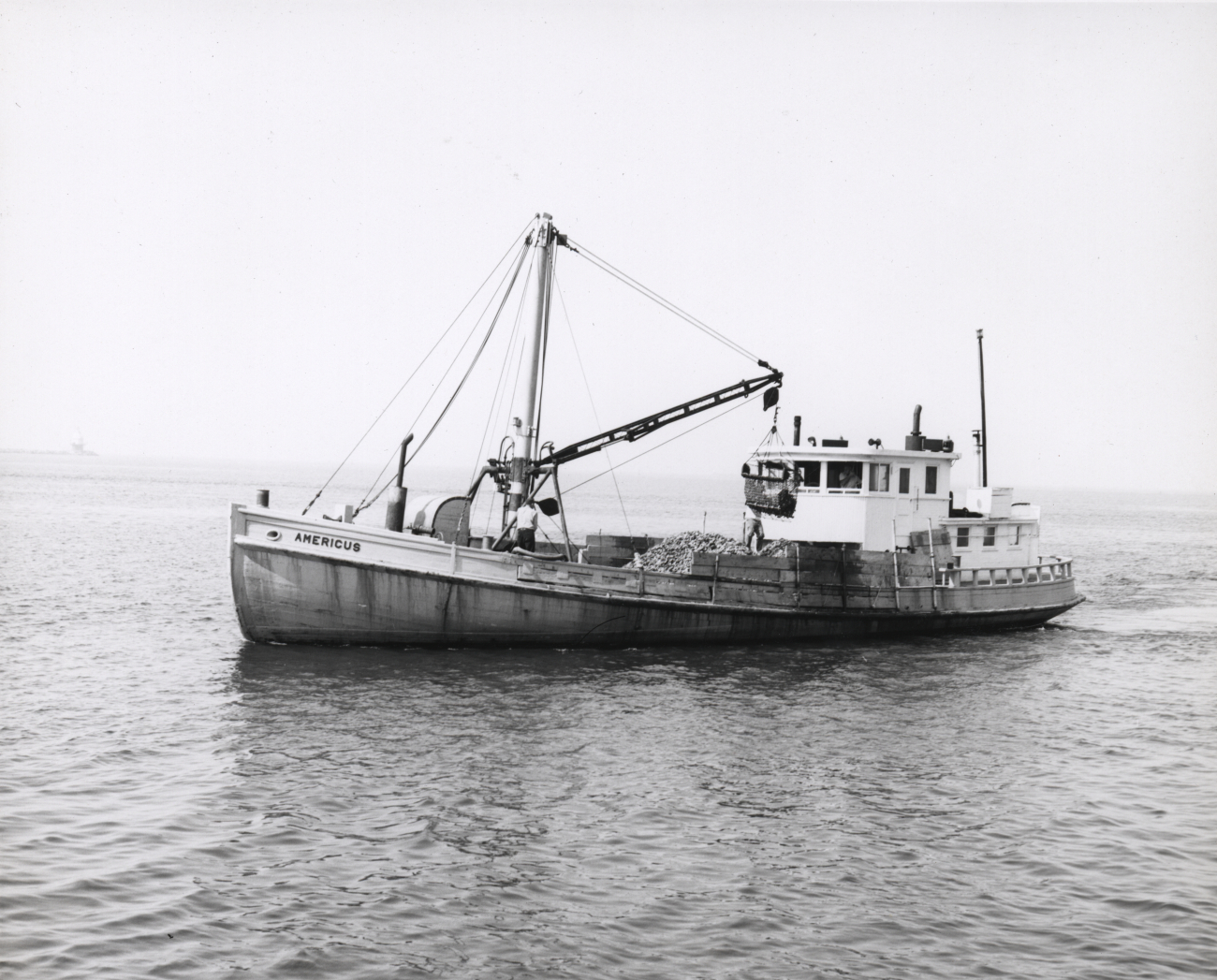Oyster dredging boat AMERICUS with partial load of oysters and dredge comingaboard