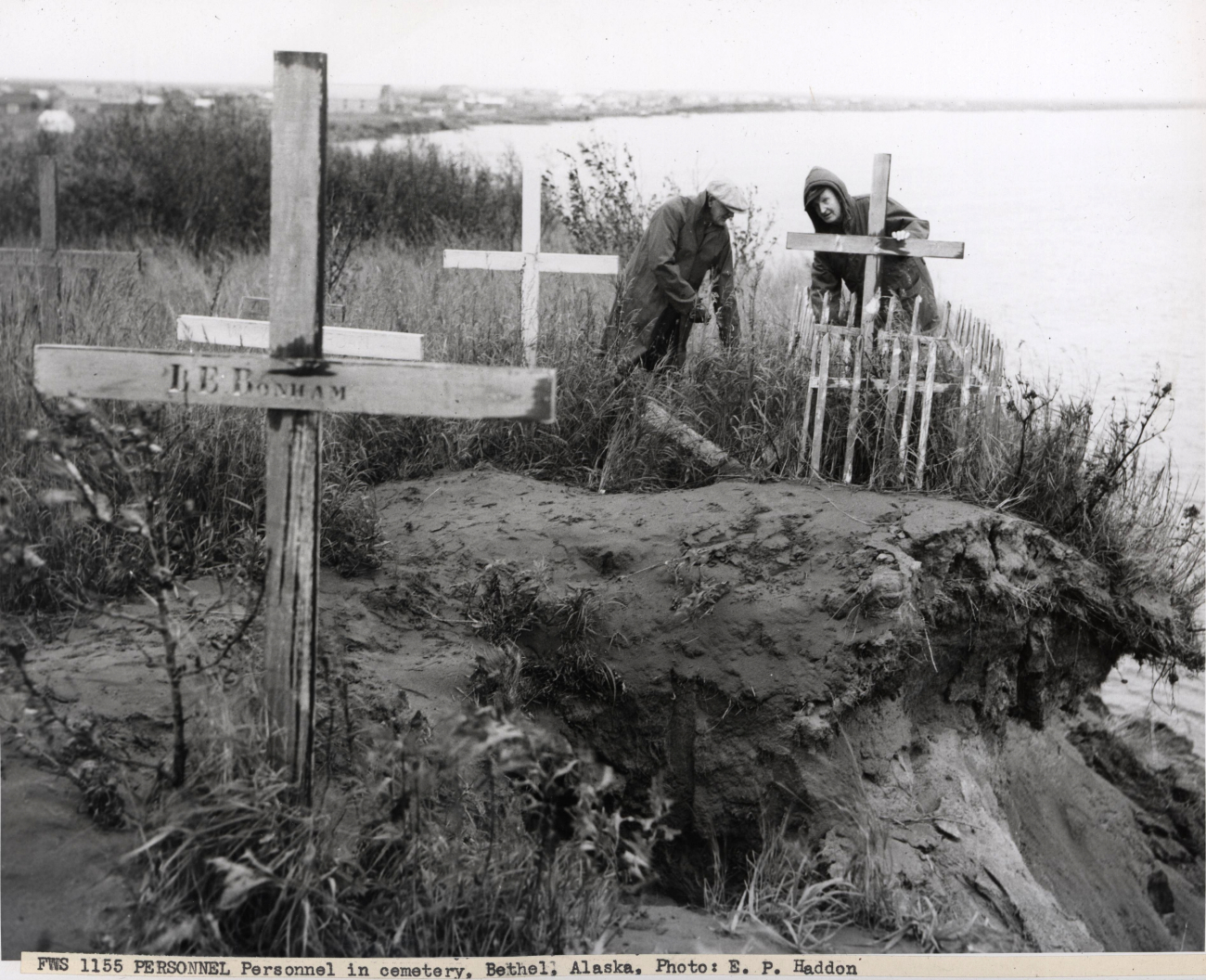 Portions of the Bethel cemetery eroding into the Kuskokwim River