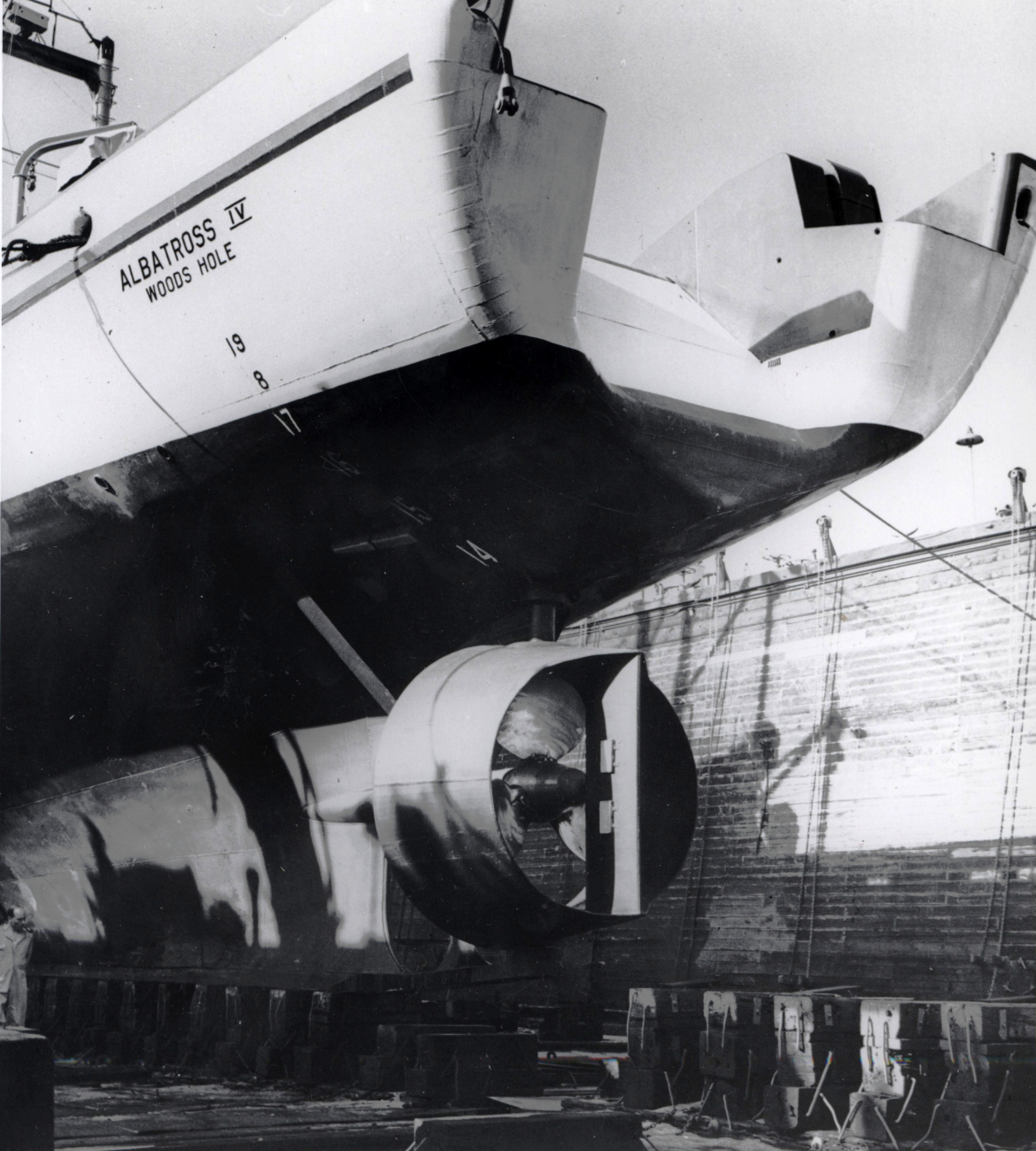 Propeller of ALBATROSS IV seen during a shipyard period