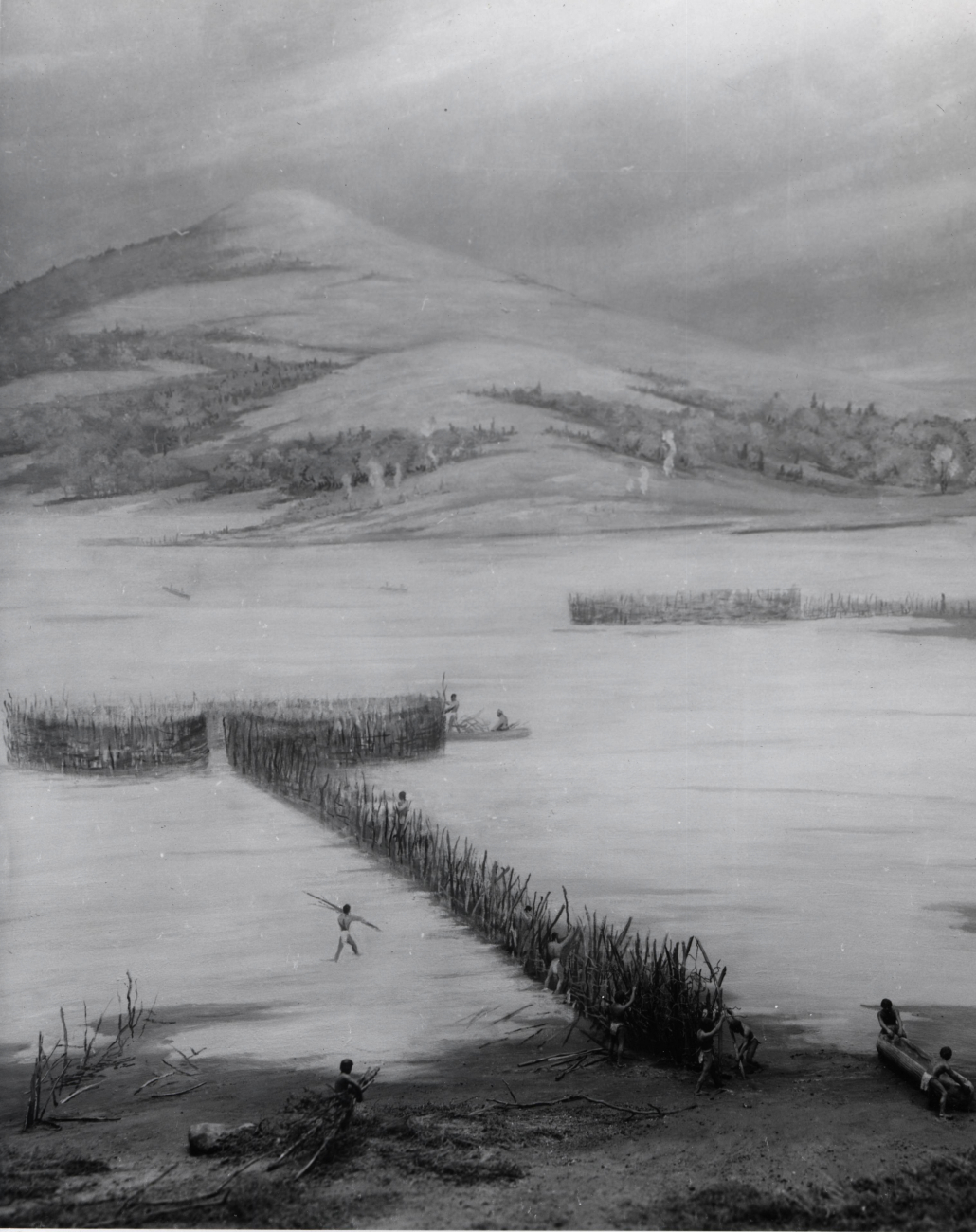 Artwork - artist's conception of native American fish traps on the west coast of North America