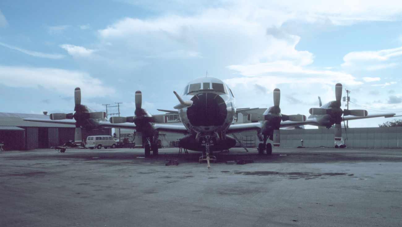 Head-on view of NOAA P-3 on the tarmac