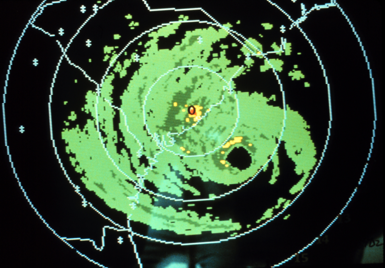 Radar image of center of Hurricane Hugo as observed by Charleston, SouthCarolina Weather Service Forecast Office