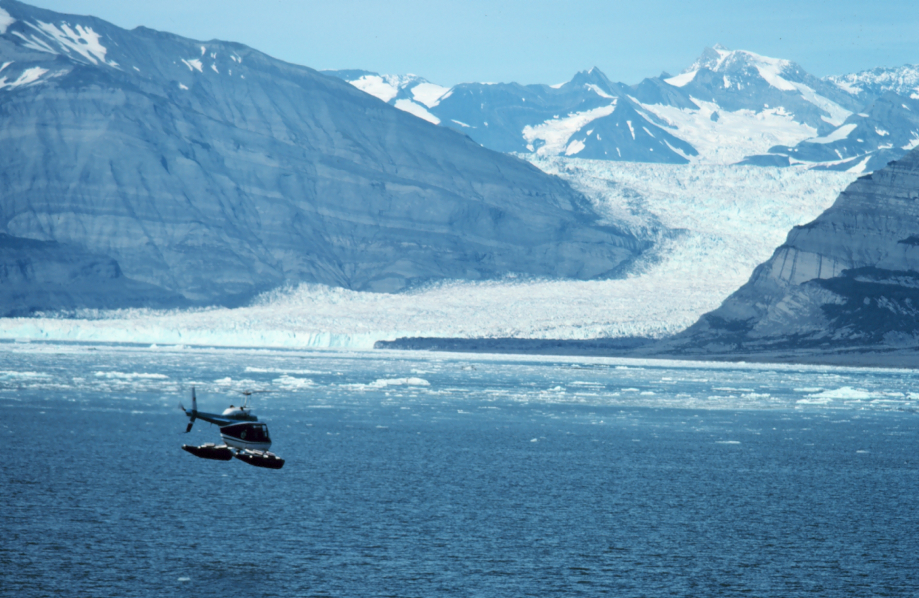 Lieutenant Bill Harrigan flying Bell 206 during Icy Bay current studies