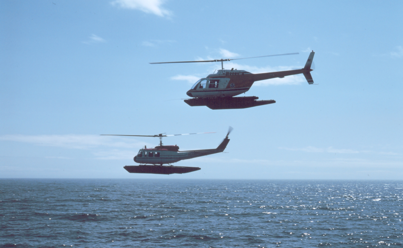 Upper helicopter Bell 206 Jet Ranger; lower helicopter Bell UH-1H Huey at CapeDouglas