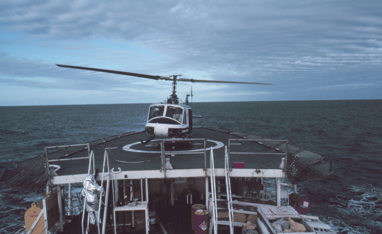 NOAA Bell UH-1M operating off NOAA Ship SURVEYOR helicopter platform