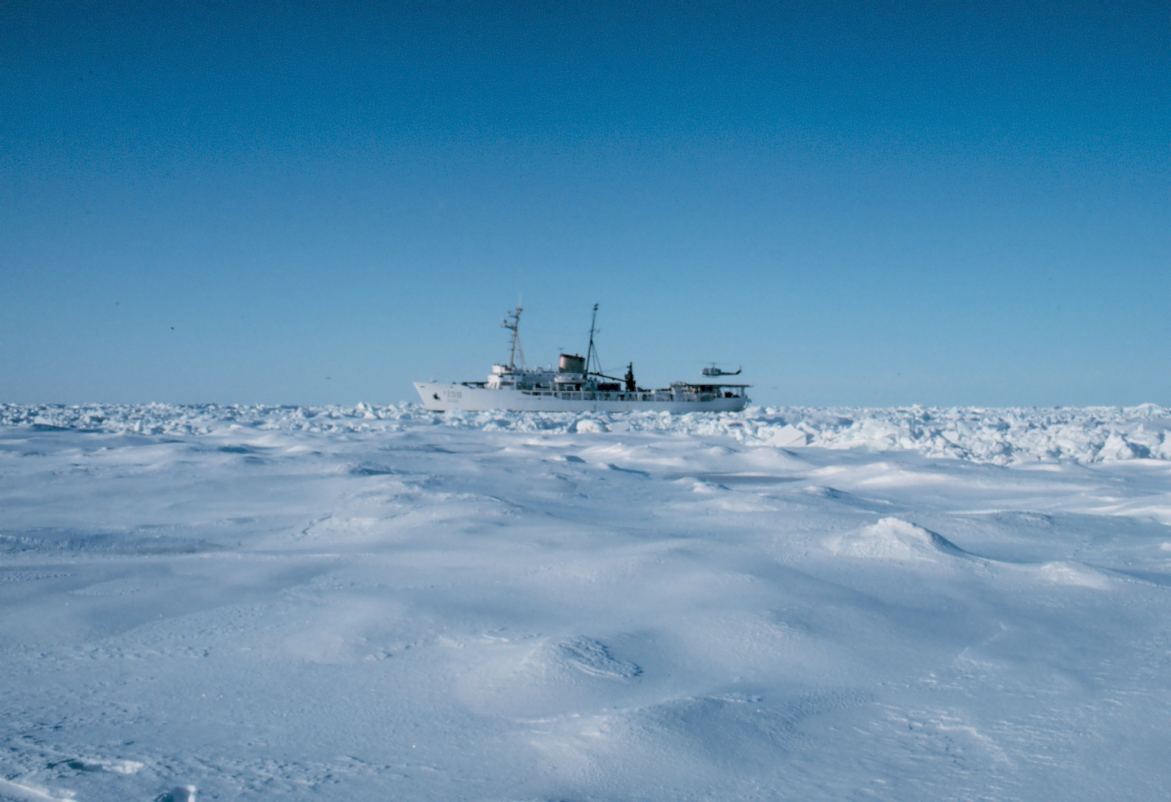 NOAA Ship SURVEYOR stuck in the ice of the Bering Sea southwest of PointBarrow