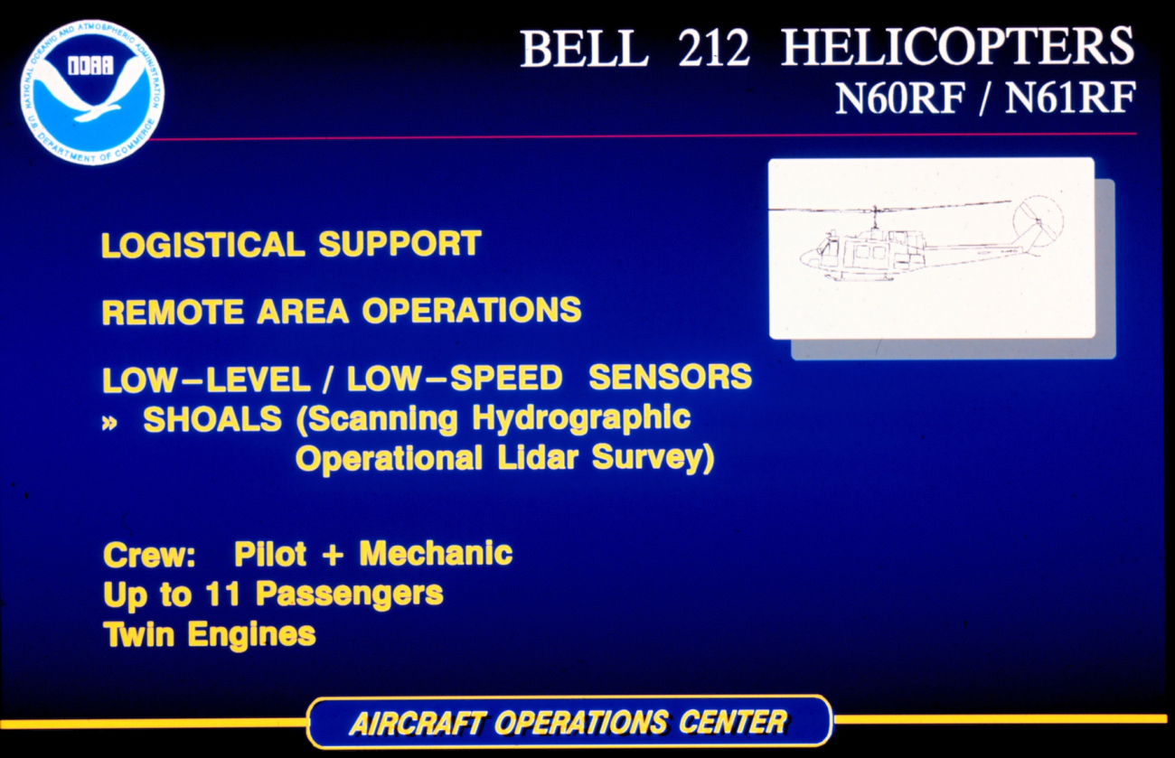 Slide describing capabilities and uses of Bell 212 helicopters N60RF andN61RF