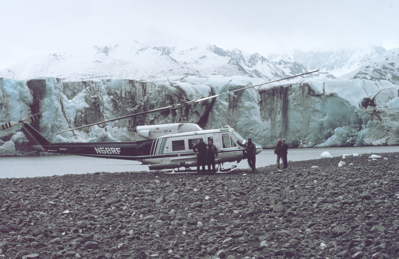 NOAA N58RF helicopter on ground by glacier front in South Central Alaska