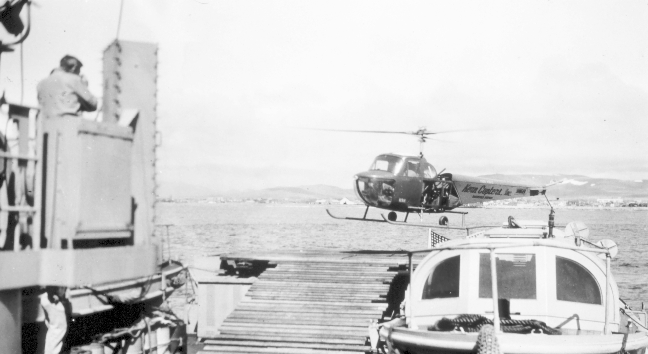 Contract Kern Helicopter flown off the Coast and Geodetic Survey Ship PIONEER,the first instance of a helicopter supporting ship operations for the C&GS