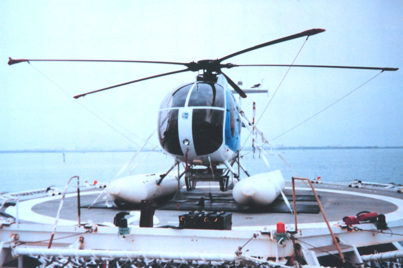 MD500 helicopter secured on flight deck of the DAVID STARR JORDAN