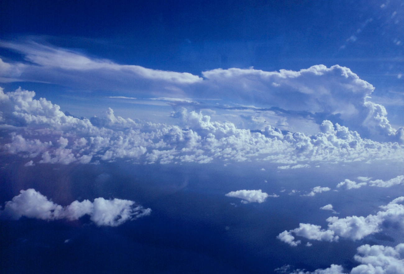 Tropical cumulus over a glass smooth western tropical Atlantic Ocean